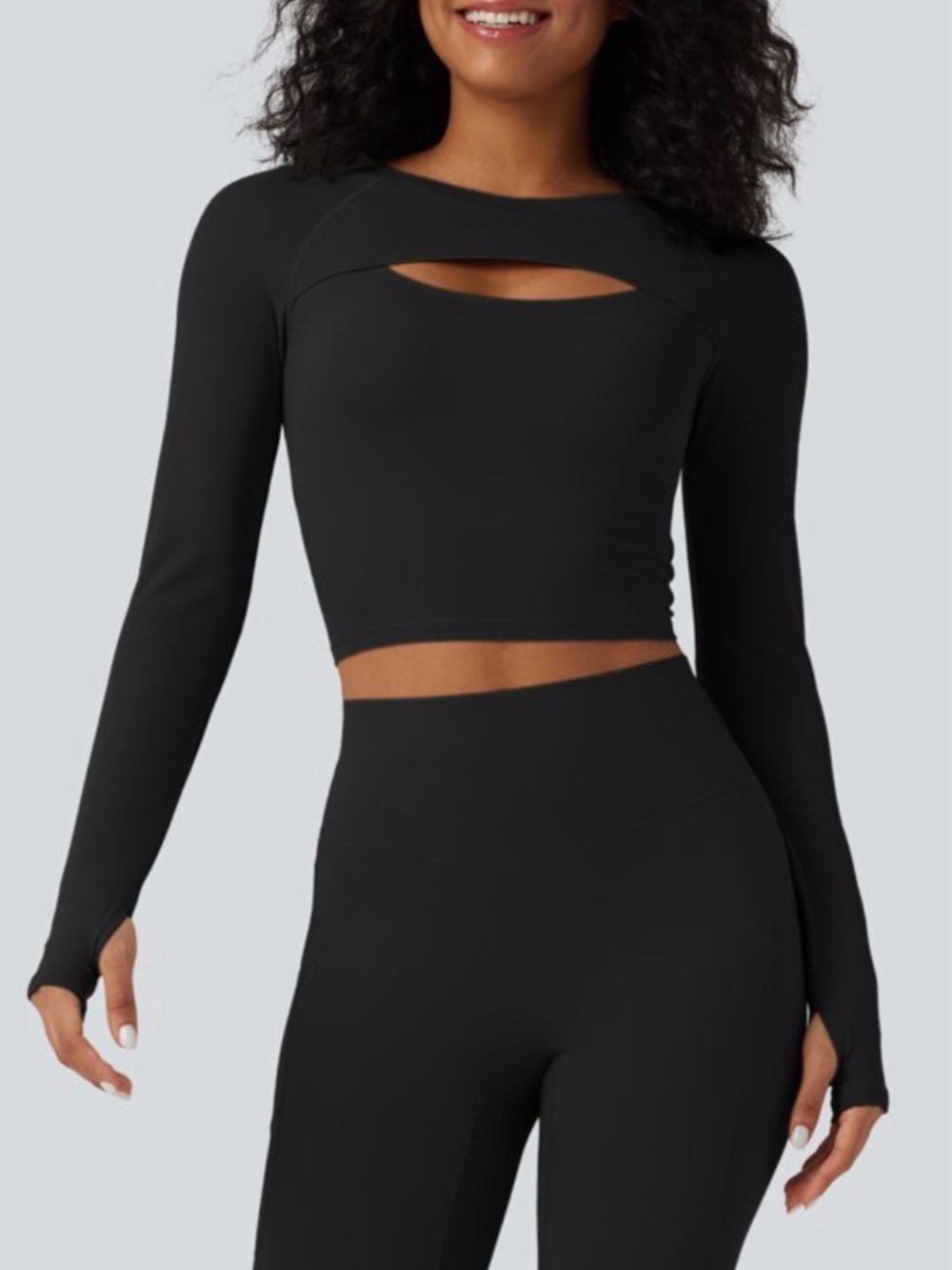 SoftlyZero QuickDry Cut Out Long Sleeve Thumb Hole Cropped Yoga Sports Top M